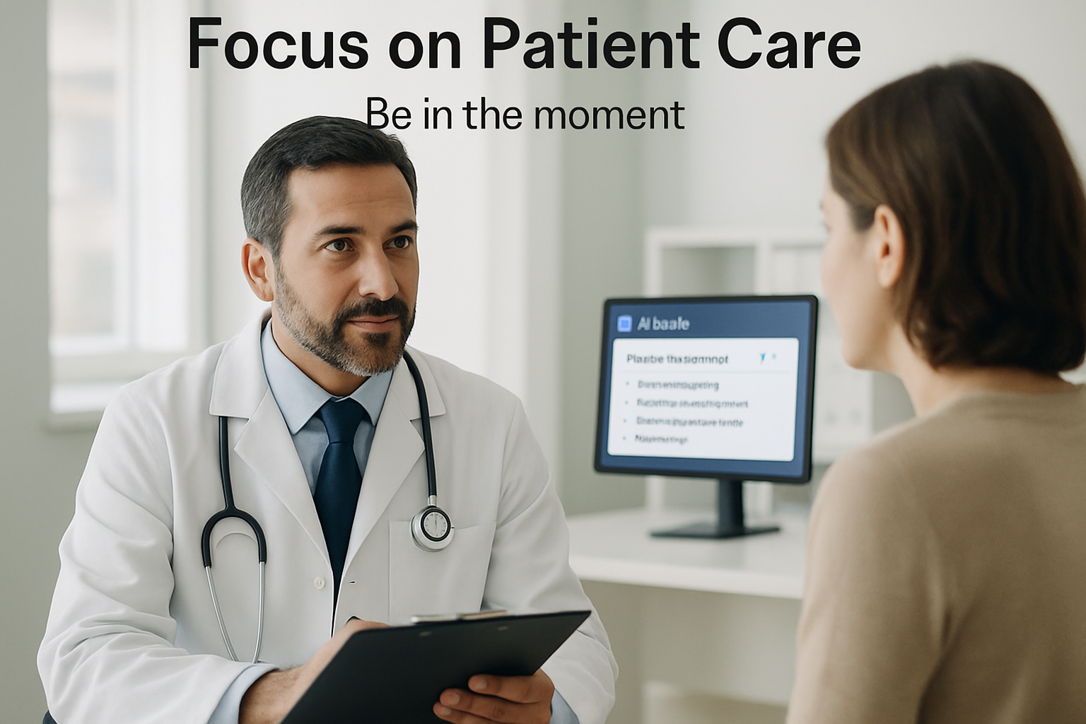 Focus on Patient Care - Be in the moment. A physician attentively engaging with a patient.